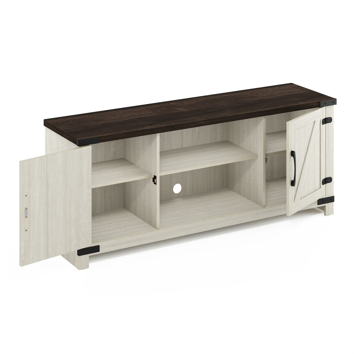 Furinno Jensen Farmhouse Barn Door Living Room TV Stand with Storage Cabinets for TV up to 70 Inch, Ebony/White Wash Furinno