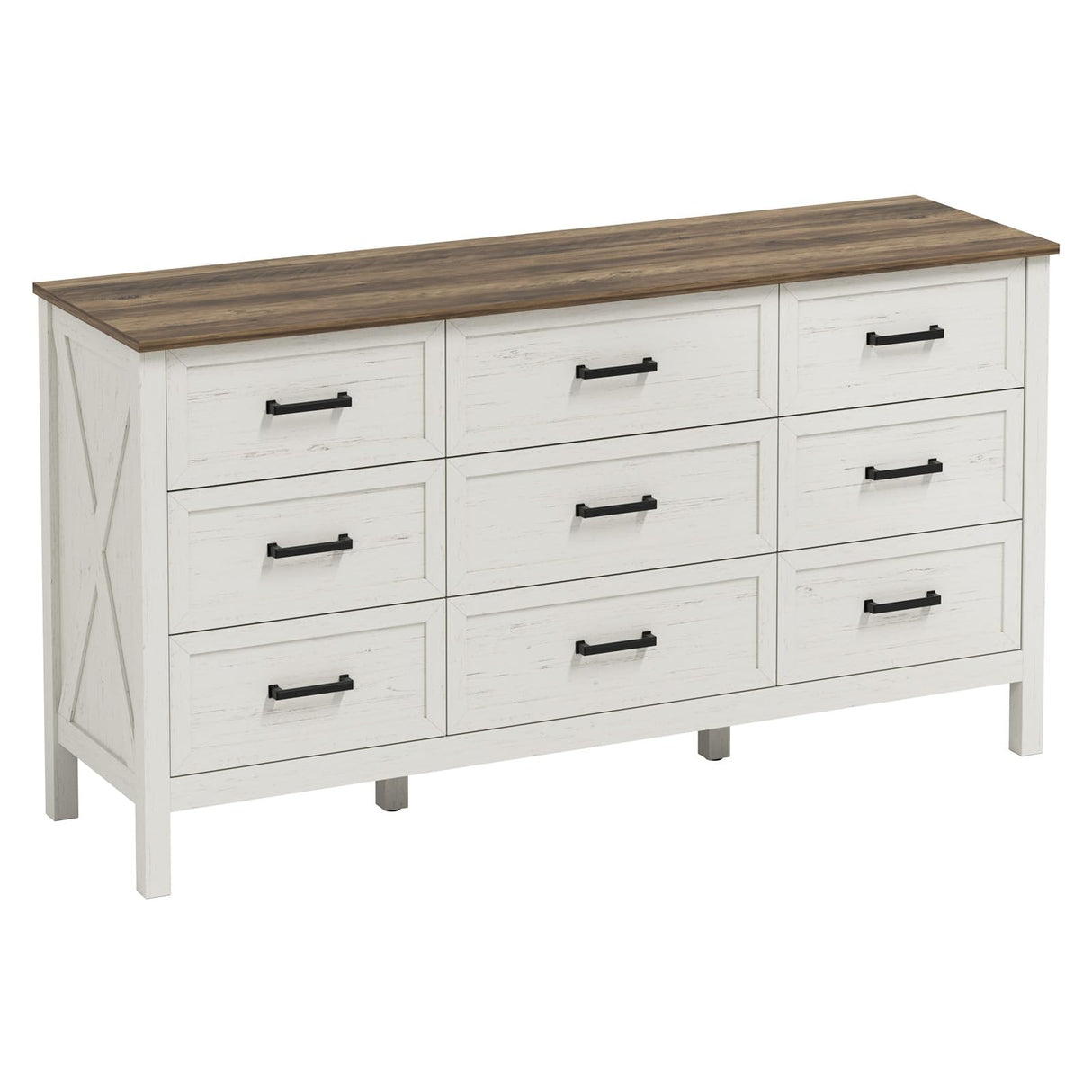 LYNSOM Farmhouse 9 Drawers Dresser for Bedroom, 55" Wide Wood Rustic Chest of Drawers with Natural Texture, Metal Handle, Storage Dressers Organizer for Entryway, Hallway, Antique White