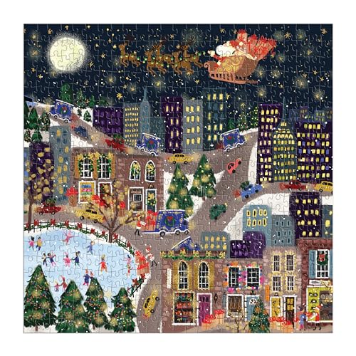 Galison Presentville 500 Piece Holiday Foil Puzzle Featuring Beautiful Artwork of A Cozy and Festive City Scene by Joy Laforme Galison