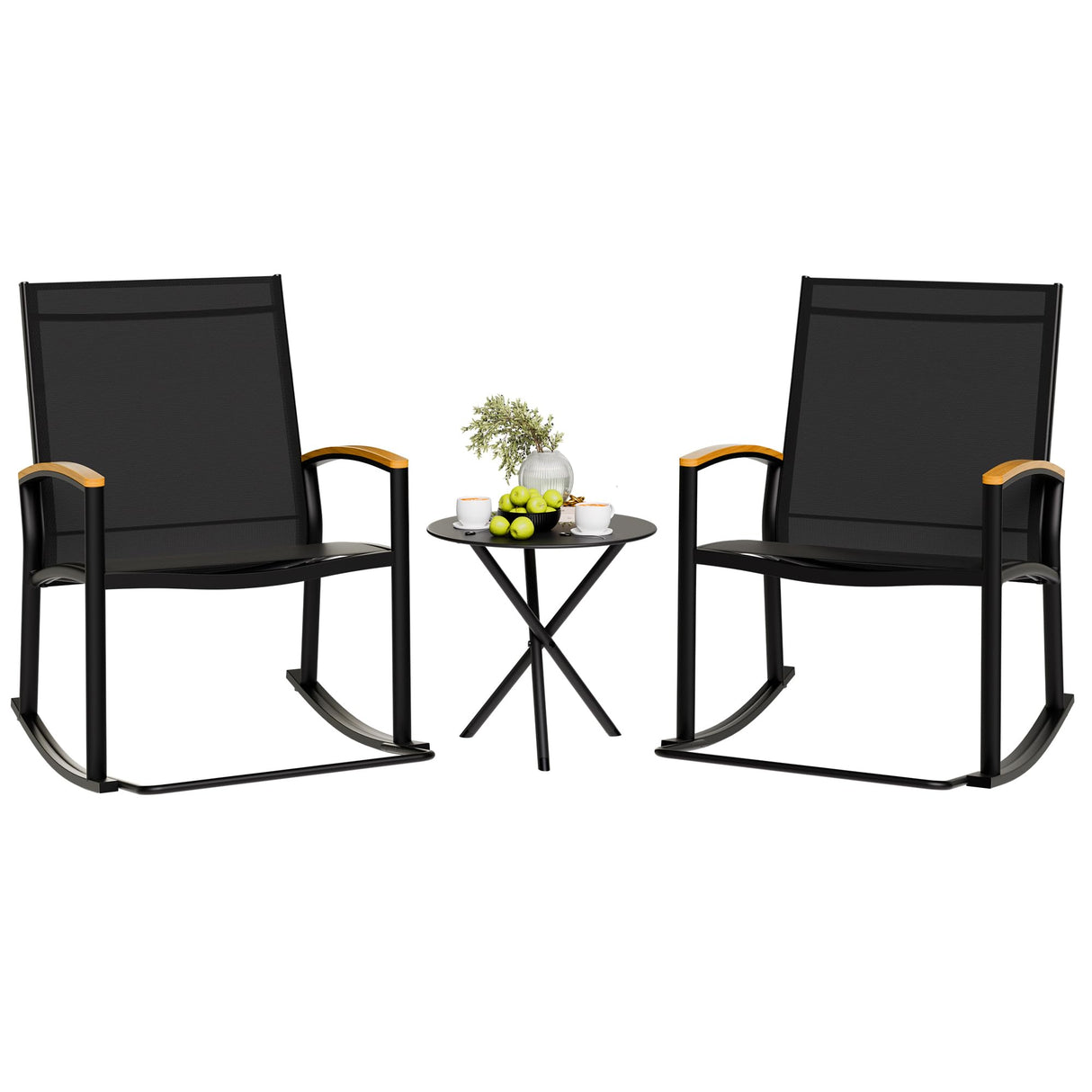 Shintenchi 3 Piece Outdoor Rocking Bistro Set, Textilene Fabric Small Patio Furniture Set, Front Porch Rocker Chairs Conversation Set with Table for Lawn, Garden, Balcony, Poolside (Black) Shintenchi