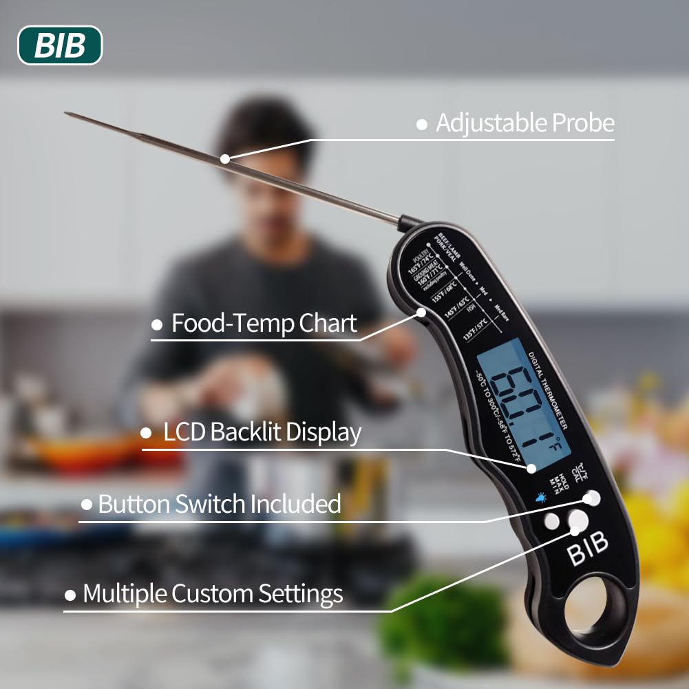 BIB Digital Meat Thermometer - Waterproof Food Thermometer for Kitchen and Outside, Fast Instant Read Food Thermometer for Cooking,& Candy Making, Grill, Liquids, Beef, Turkey BIB