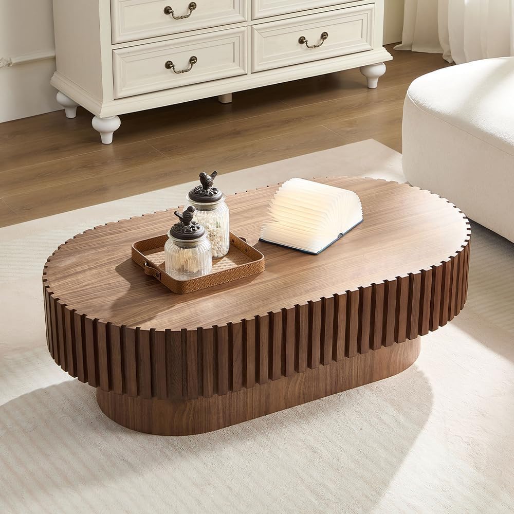 SPMETUYO Oval Coffee Table for Living Room Fluted Coffee Table with Pedestal Modern Handcrafted Wood Centre Table Tea Table Home Furniture Office Apartment Easy Assembly 43.7" Walnut SPMETUYO