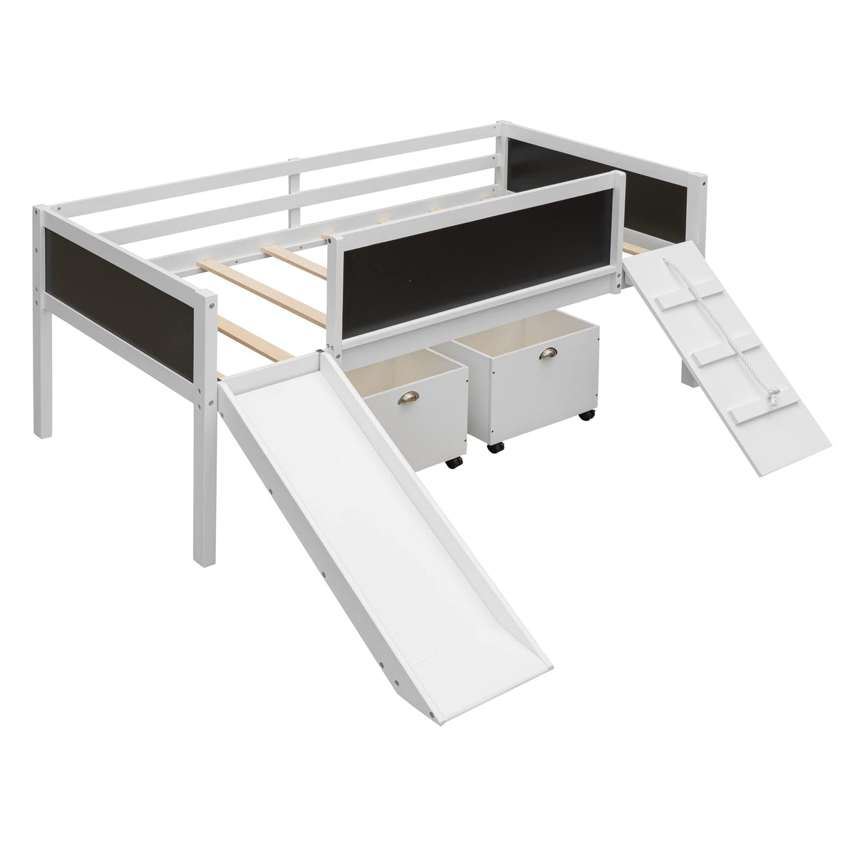 Low Loft Bed with Slide,Twin Size Loft Bed with 2 Storage Boxes,Wood Loft Bed Frame with Climbing Ladder and Blackboard for Kids Boys Girls Teens,Whiite Bellemave
