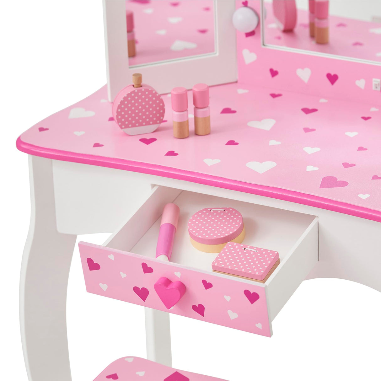 Teamson Kids Little Princess Gisele Sweethearts Print Kids Vanity Set with Matching Stool, Tri-fold Mirror with Glamour LED Lights + Storage Drawer For 3yr and up, Pretend Play House, Salon White/Pink Teamson Kids