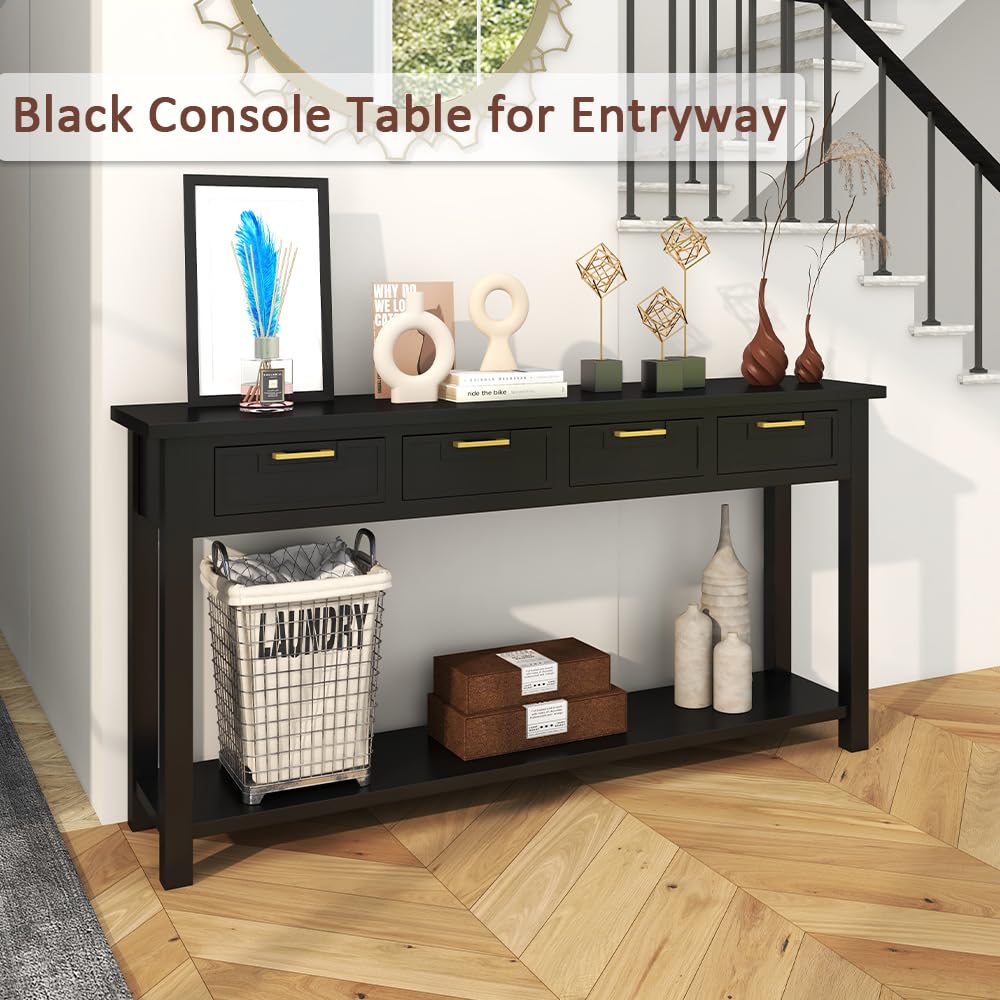 HLXZN Console Table for Entryway, 60 Inch Sofa Table w/4 Drawers and Bottom Shelf Narrow Long Hallway Table for Living Room Entryway Home, Black HLXZN