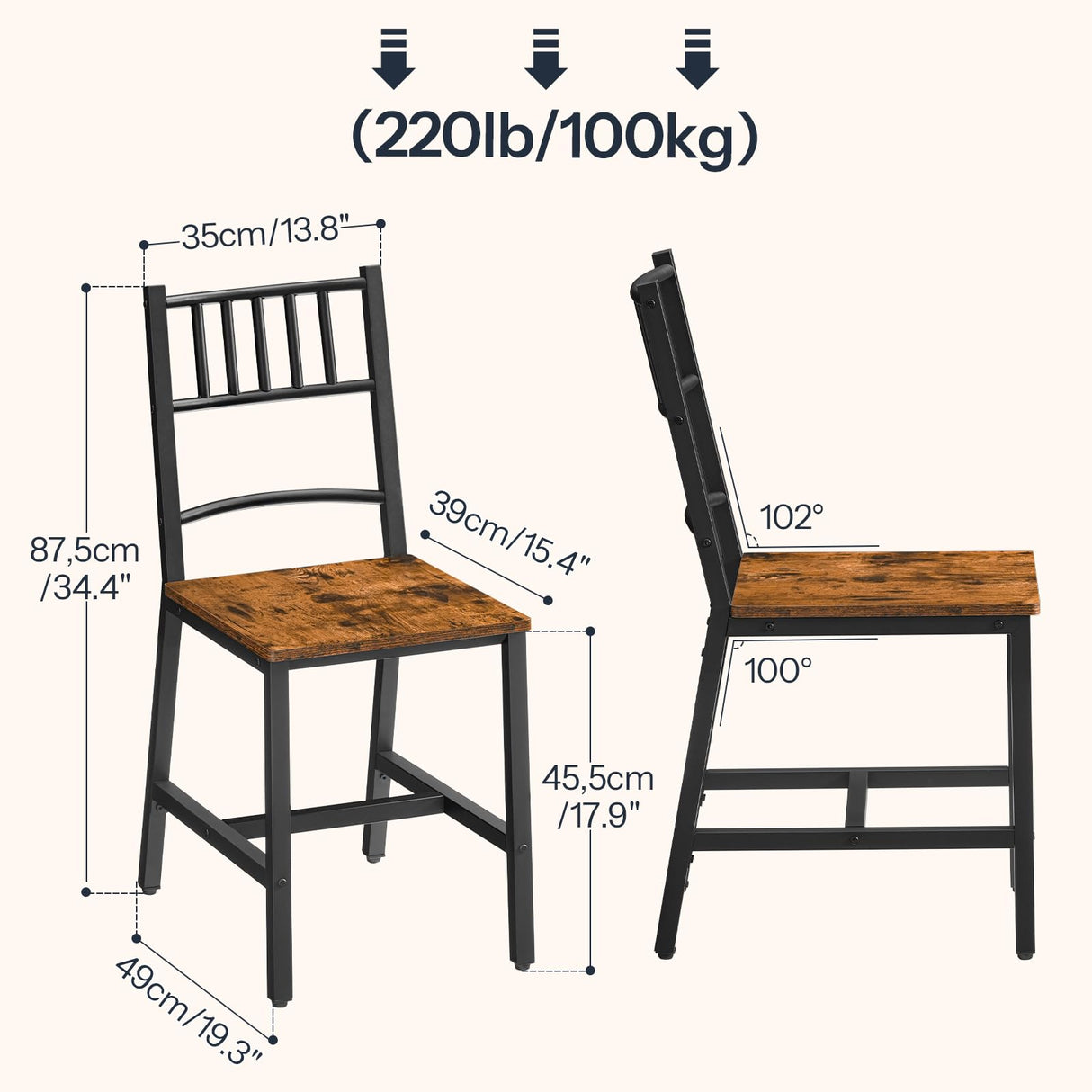 HOOBRO Dining Chairs Set of 2, Rustic Wooden Chairs with Metal Frame, Dining Room Chairs with Slat Back, Easy to Assemble, Modern Dining Chair for Kitchen, Living Room, Rustic Brown and Black BF39CD01 HOOBRO