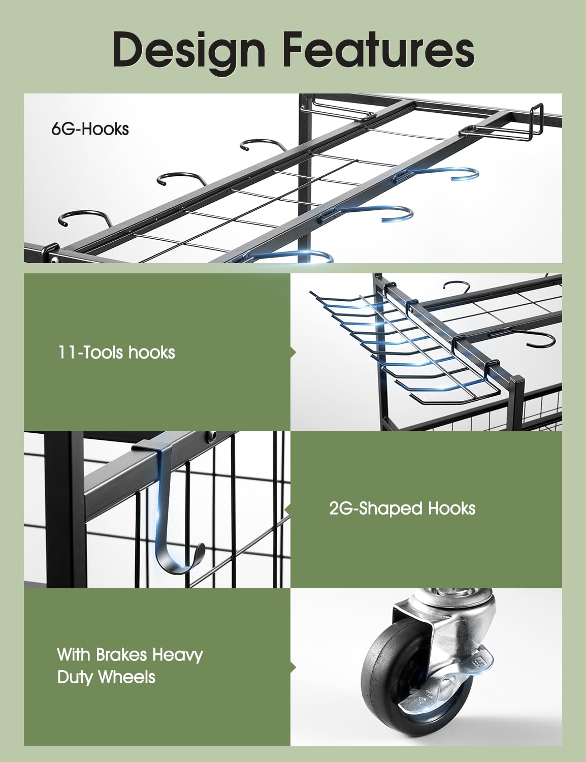 Heavy-Duty Garden Tool Organizer for Garage with 2 Stair-Climbing Wheels, Lawn & Yard Tool Storage Rack, Garage Tool Cart with Lockable Wheels, Outdoor Garden Tool Storage for Sheds SereneHome