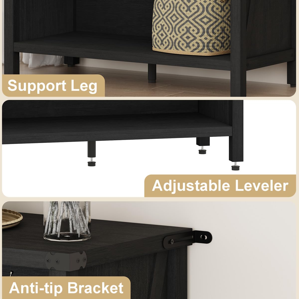 BON AUGURE Small Bookcase, 3 Tier Black Book Shelf, Farmhouse Wooden Bookshelf, Short Storage Book Cases for Small Space, Bedroom, Office, Living Room (Black Oak) BON AUGURE