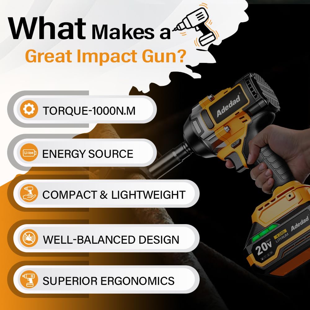 Adedad 1000N.m Cordless Impact Wrench 1/2 inch,20V 740ft-lbs High Torque Impact Gun with 2 x 4.0 AH Batteries,Sockets and Case,Brushless Power Impact Driver for Automotive and Heavy Duty Use Adedad