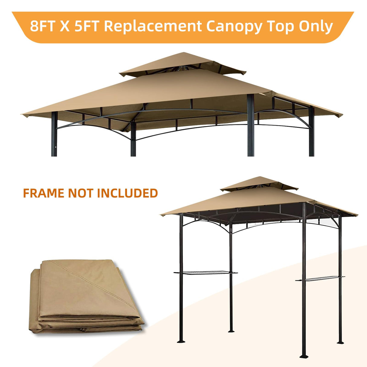 Grill Gazebo Replacement Canopy Roof - Figfeu 5x8 Double Tiered Outdoor BBQ Gazebo Canopy Top Cover Grill Shelter Cover Only Fit for Model L-GG001PST-F (Khaki) Figfeu