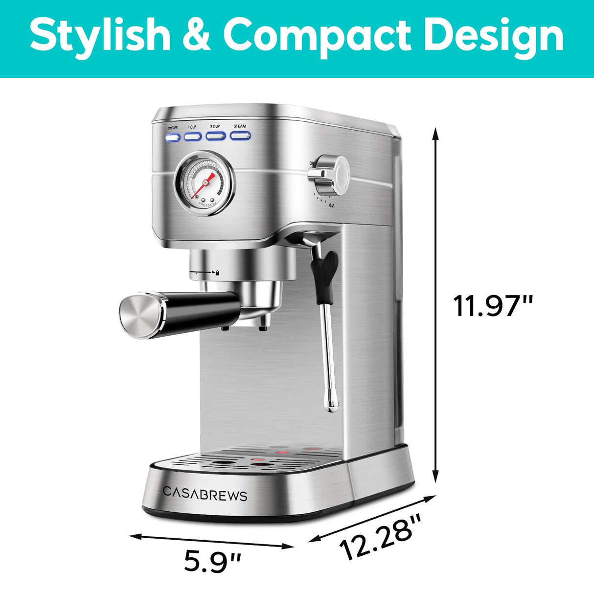 CASABREWS Espresso Machine 20 Bar, Compact Espresso Maker with Steam Milk Frother, Stainless Steel Coffee Machine with 34oz Removable Water Tank for Cappuccino, Latte, Silver CASABREWS