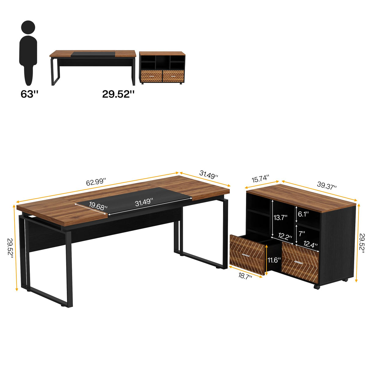 Tribesigns L-Shaped Executive Desk with Reversible File Cabinet, 63" Office Desk with Storage Drawers, L-Shaped Computer Desk with Drawer Cabinet for Hanging Letter Size Files (Walnut & Black) Tribesigns