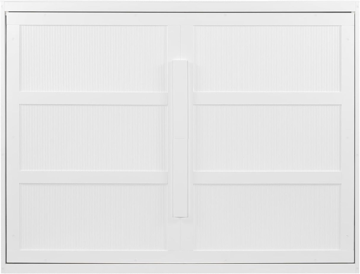 Virubi Queen Horizontal Fluted Murphy Bed with LED Lights,Wood Folding Hideaway Murphy Chest Bed for Adult Guest Room Living Room Bedroom (White) Virubi