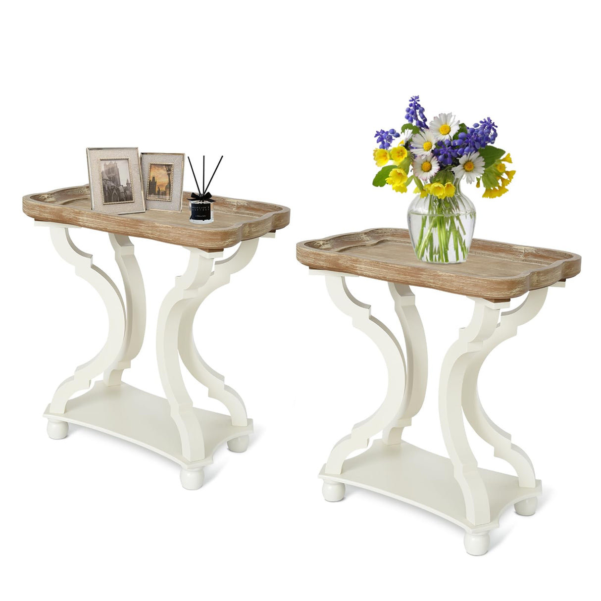 Kinfant Set of 2 Farmhouse Accent End Table with Natural Tray, Solid Wood Frame Rustic Side Table with Shelf, Nightstand for Dinning, Living Room, Bedroom Kinfant