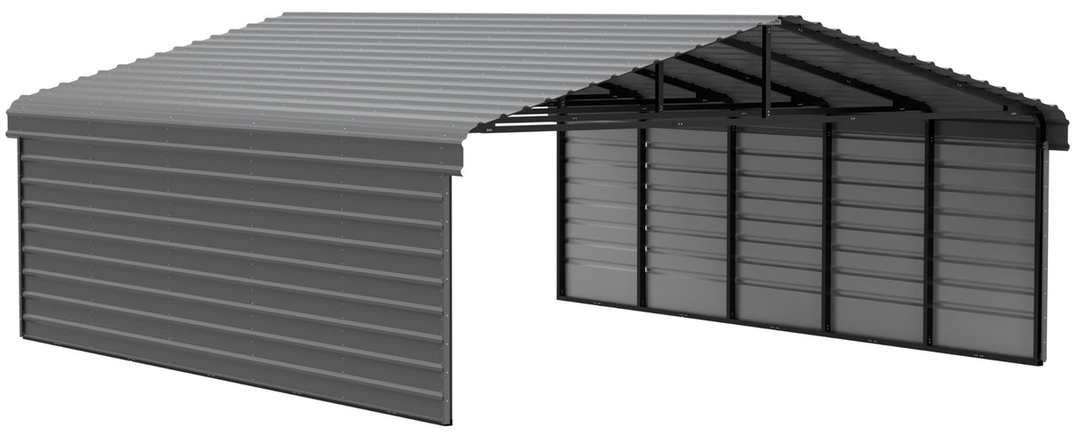 Arrow Carports Galvanized Steel Carport, with 2-Sided Enclosure, Compact Car Metal Carport Kit, 20' x 24' x 9', Charcoal Arrow Shed