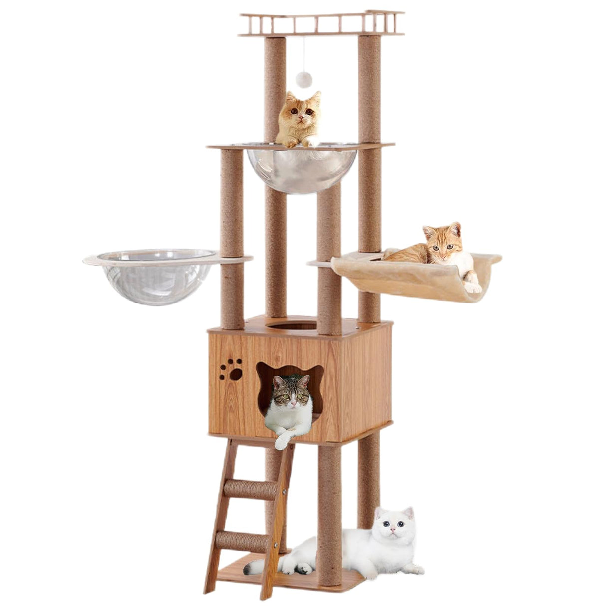 61'' Wooden cat Tree with cat Condo, Cat Stairs Scratching Posts, 2 Bowl,Sisal Scratching Posts,Cozy Cat Hammock and Top Perch. Cat Tree for Large Cats. Yinanroa