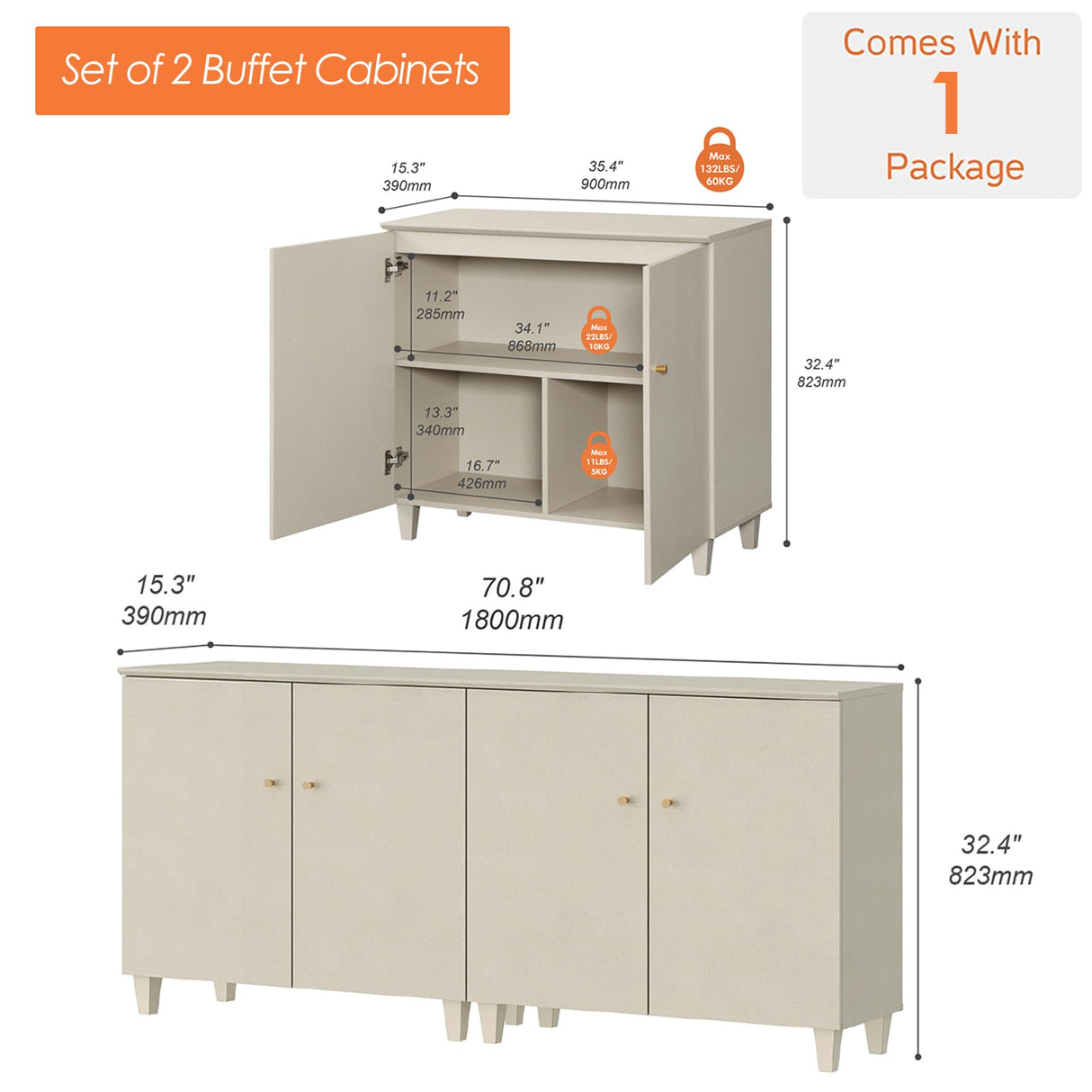 WAMPAT Buffet Cabinets Sideboards, 70.8" Wood Credenza Console Tables with 4 Doors, Set of 2 Kitchen Storage Cabinets with 6 Compartments & Solid Wood Legs for Living Room, Hallway, Beige, 1 Pack WAMPAT