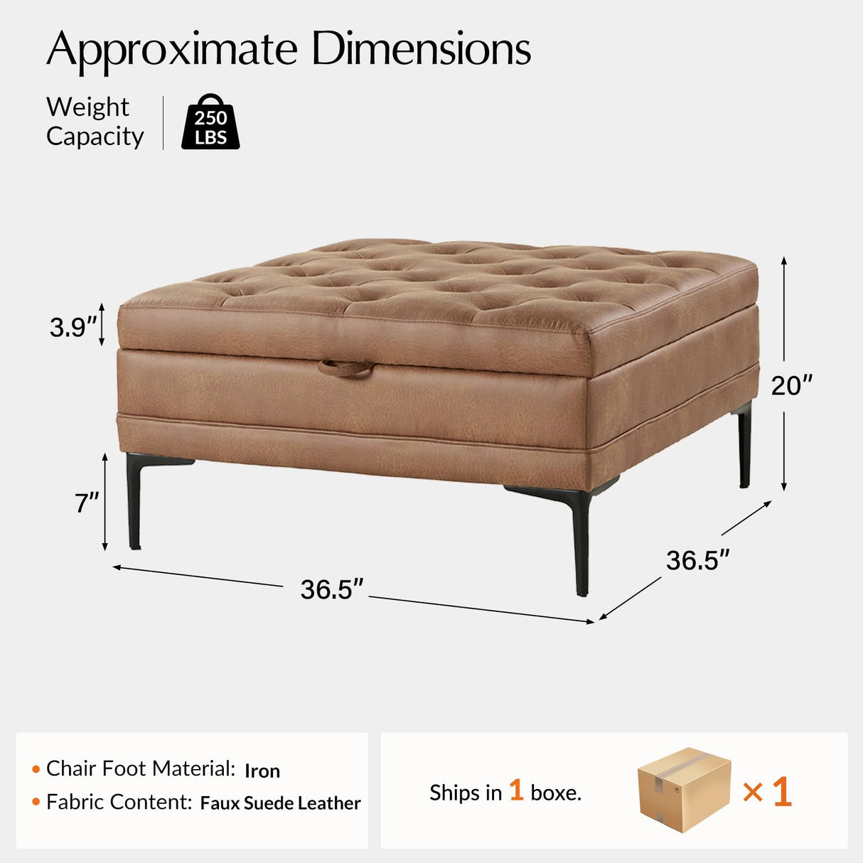 HULALA HOME Faux Leather Coffee Table, 36.5" Square Storage Ottoman with Metal Legs, Button-Tufted Coffee Table with Storage for Living Room, Camel HULALA HOME