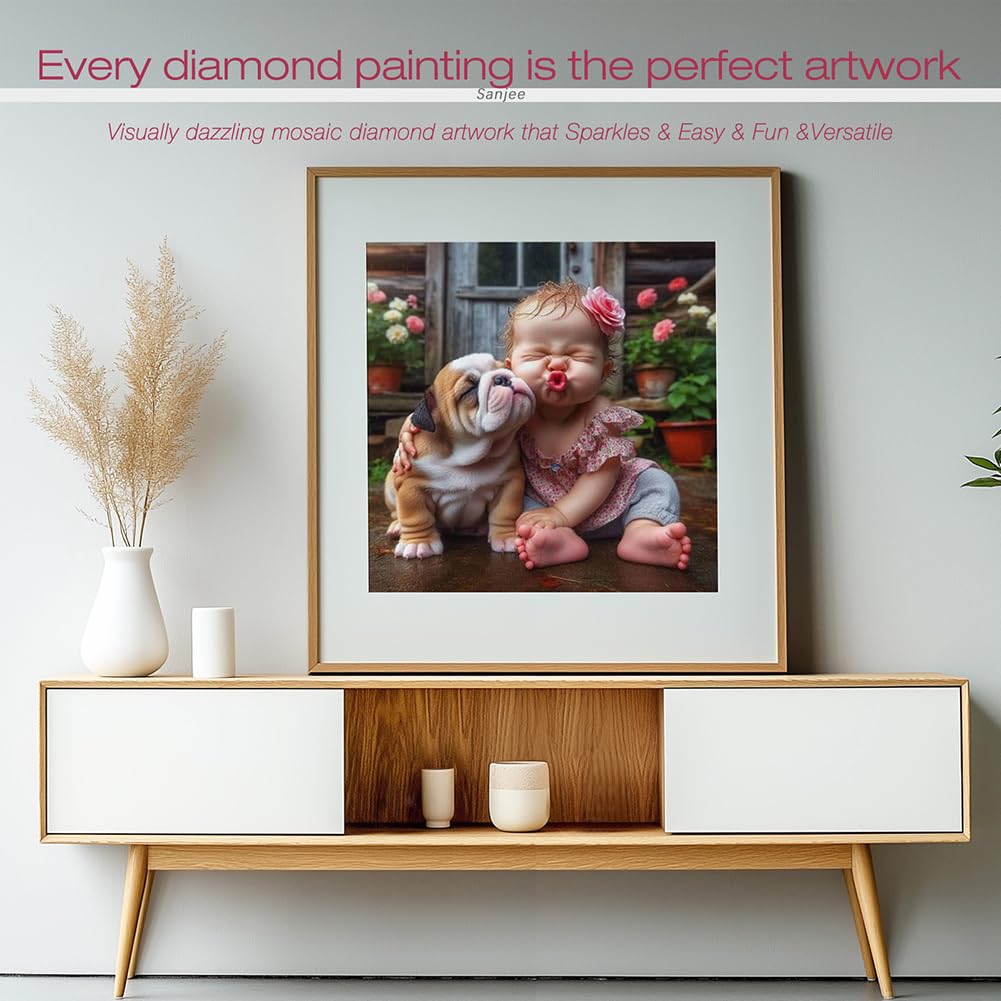 Sanjee Dog and Girl Diamond Art Kits for Adults, Diamond Painting Kits for Beginner, 5D DIY Round Full Drill Gem Art Crafts for Home Wall Decoration Gift, 12x12inch Sanjee