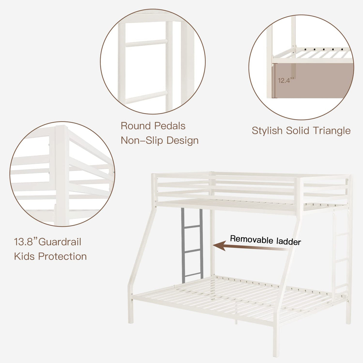 ikalido Metal Loft Bunk Bed Twin Over Full Size with Safety Guardrail and Ladder, No Box Spring Needed Space Saving Bedroom Furniture, Cream White ikalido