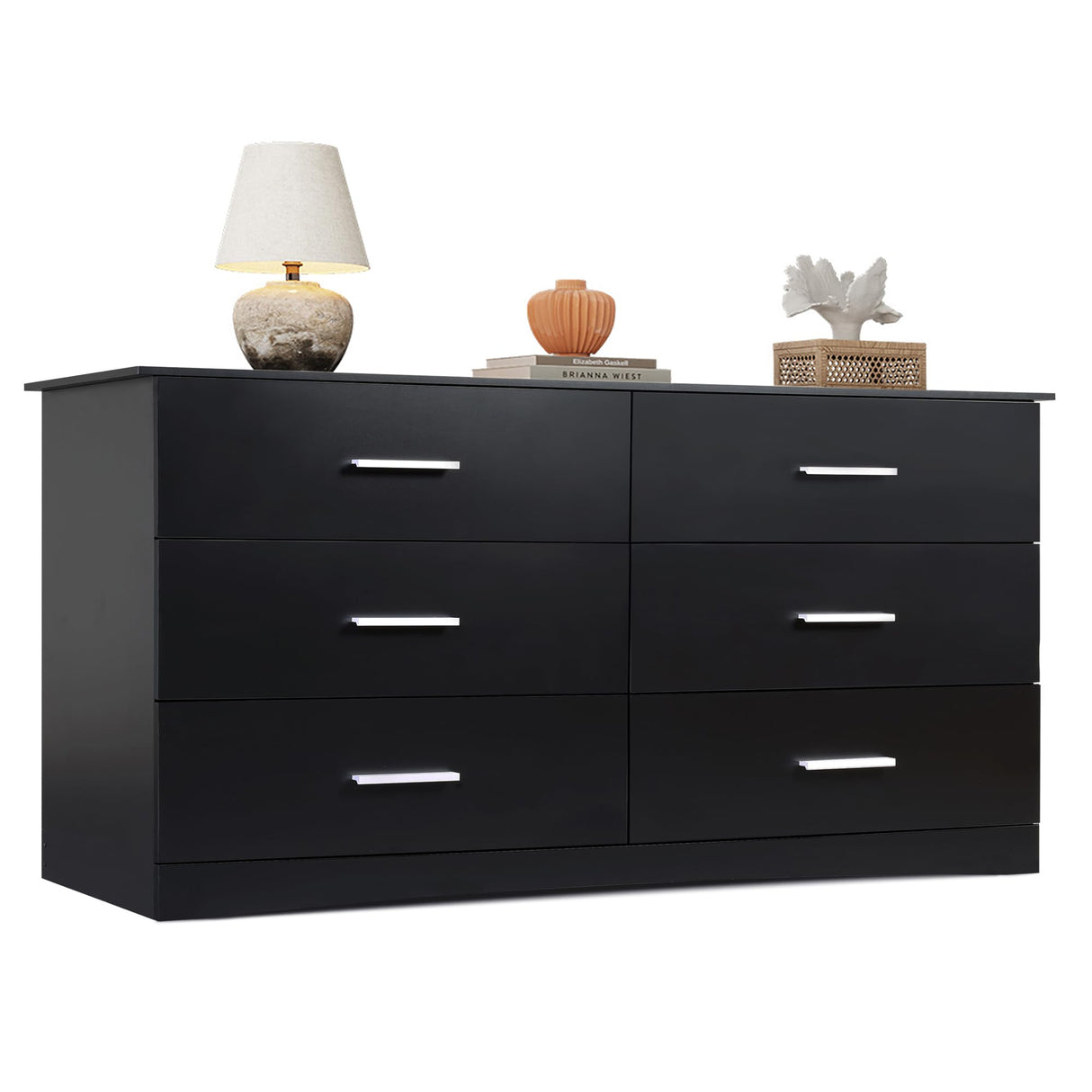 WLIVE Wood Dresser for Bedroom, Wide Chest of Drawers with 6 Drawer, Oak Furniture Large Storage Tower Unit, Closet Store Organizer for Living Room, Hallway, Long Nightstand, Modern Minimalist Black WLIVE