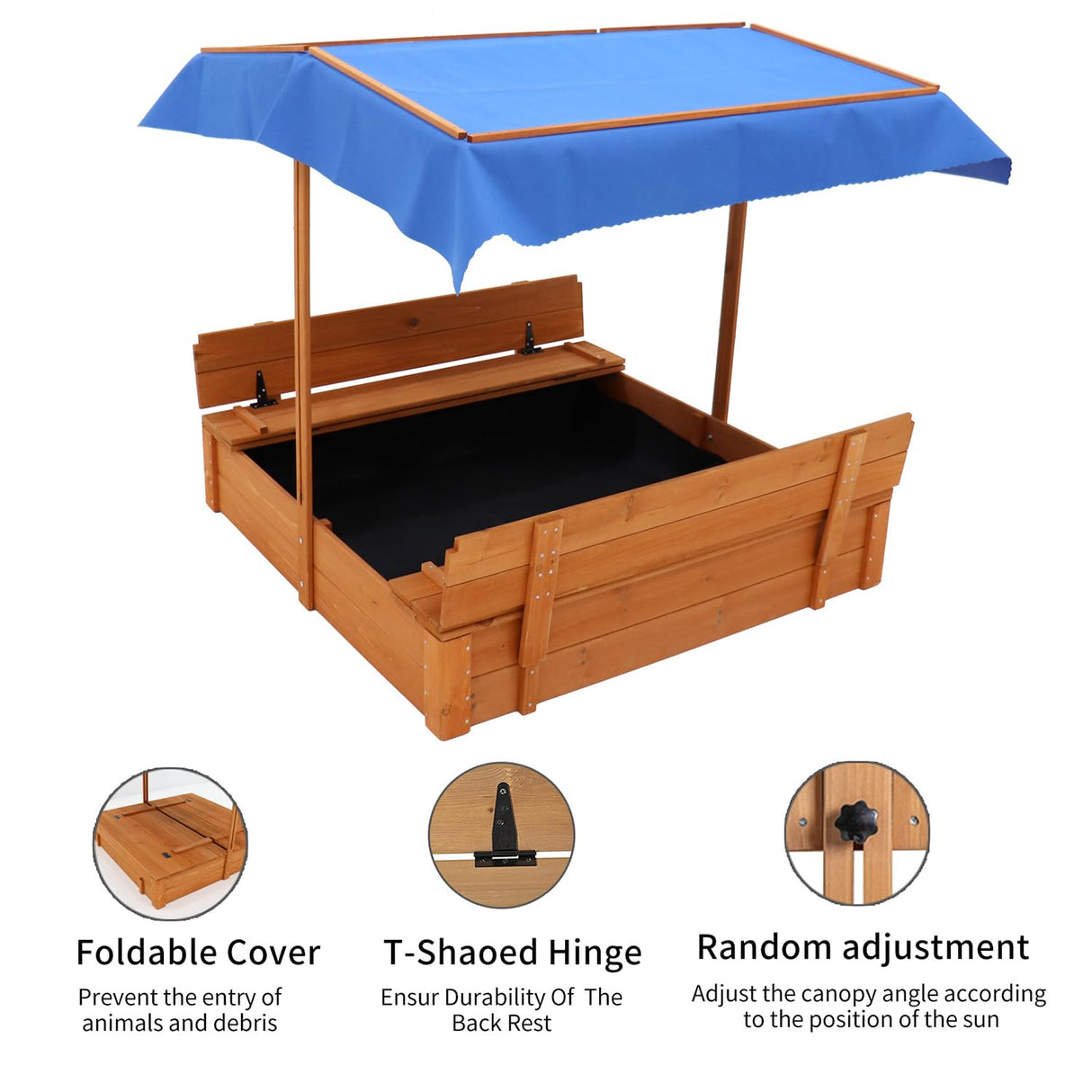 Wooden Cedar Sand Box, Large Kids Sand Boxes with Adjustable Canopy, 2 Foldable Bench Seats, Sand Protection, Bottom Liner, Sand Boxes for Backyard Garden, Sand Pit for Beach Patio Outdoor (47 Inch) AMZOSS