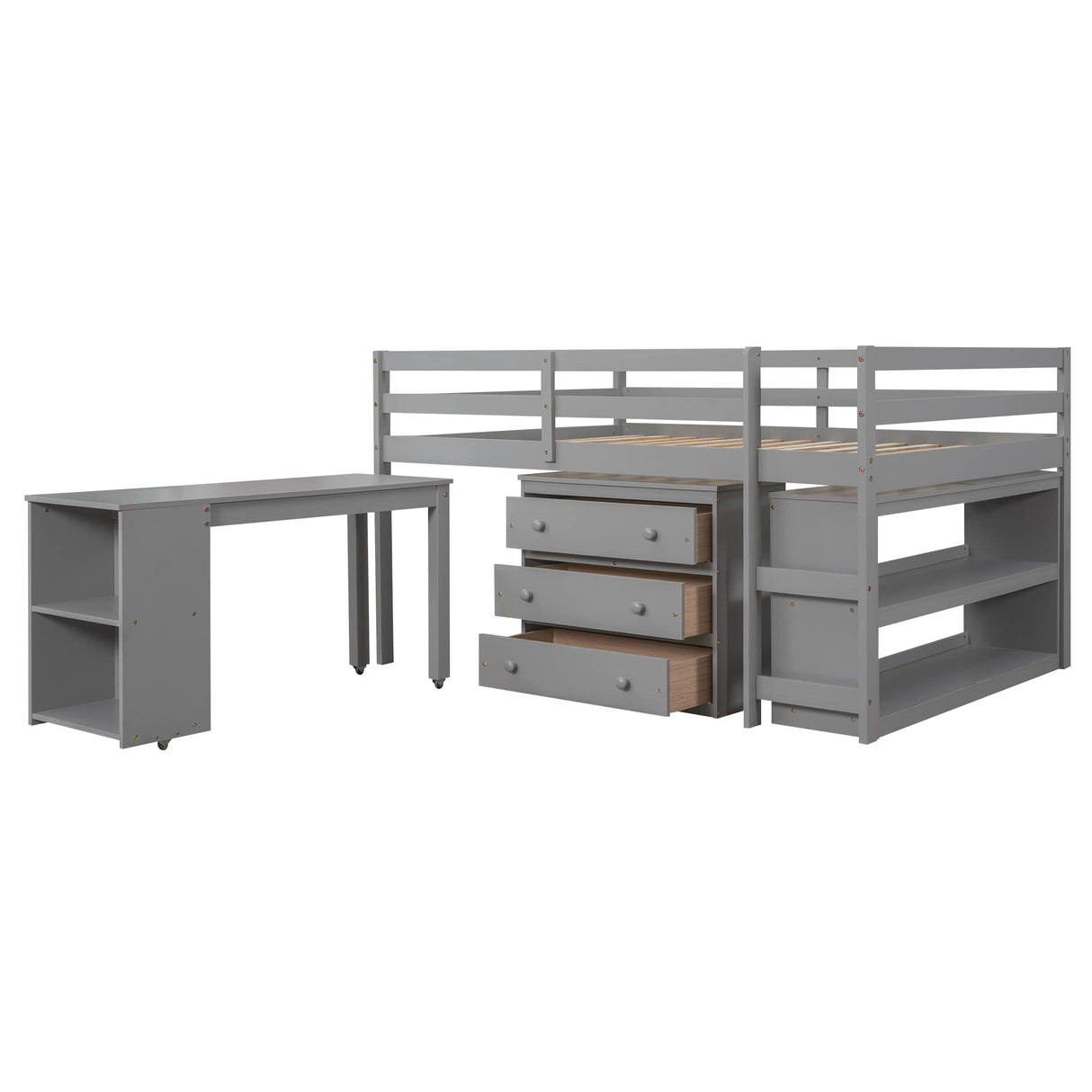 Solid Wood Full-Size Low Loft Bed with Integrated Desk, Cabinet, and Bookshelf in Pure Gray Merax