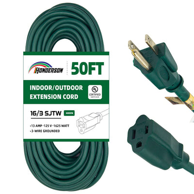 HONDERSON 50FT Outdoor Extension Cord-16/3 SJTW Durable Green Extension Cable with 3 Prong Grounded Plug for Safety,Great for Outside Christmas Decorations