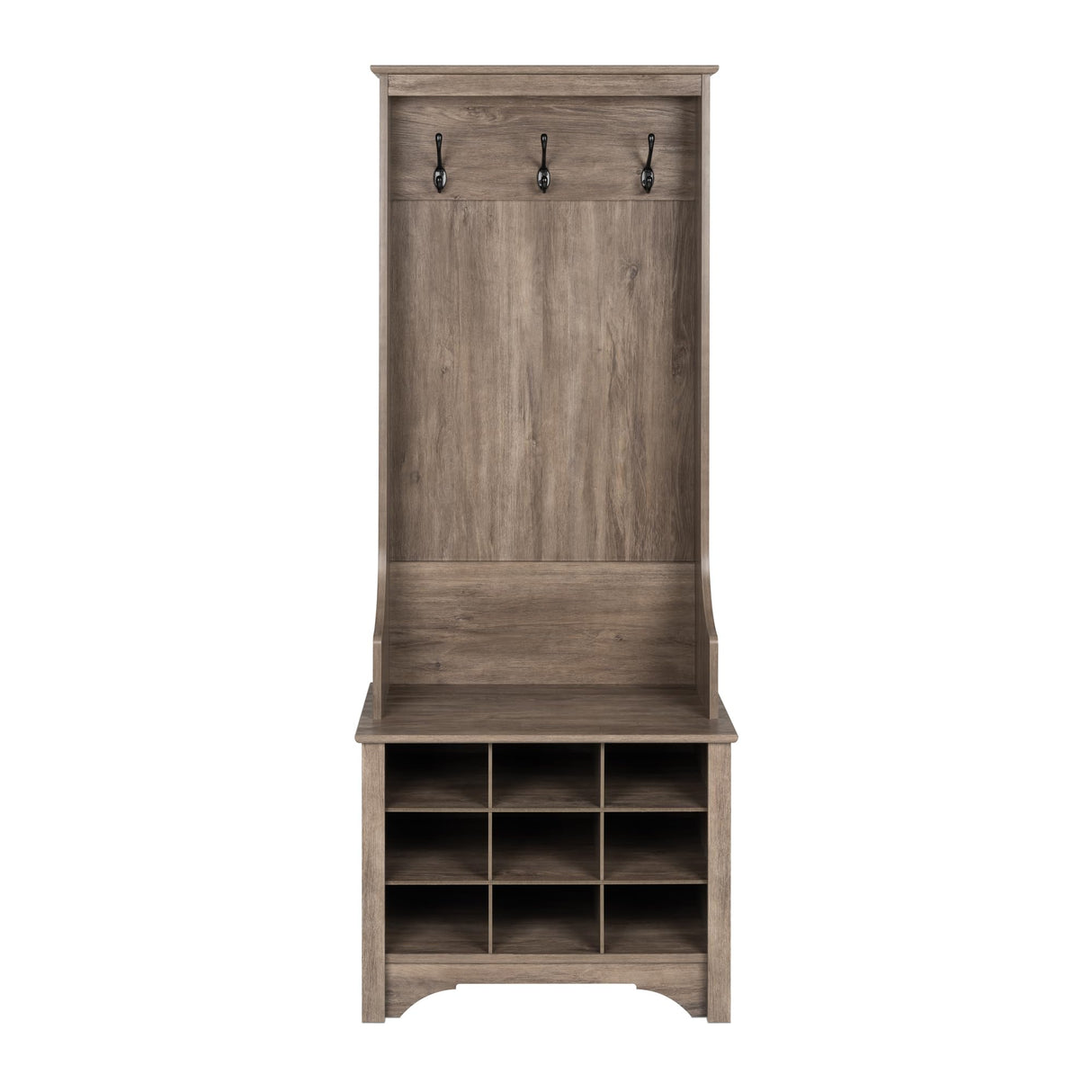 Prepac Gray Hall Tree, Shoe Cabinet, Storage Cabinet with 9 Shoe Cubbies and 3 Double Coat Hooks 15.5" D x 27" W x 68" H Prepac