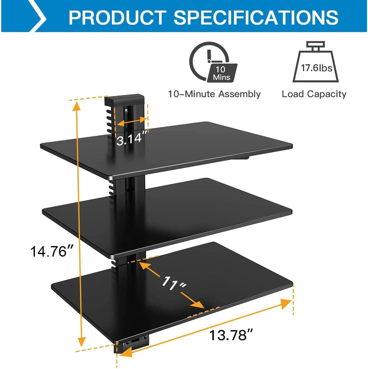 PERLESMITH Floating Wall Mounted Shelf AV Mount Shelf - Holds up to 16.5lbs - DVD DVR Component Shelf with Strengthened Tempered Glass - Perfect for DVD Players, TV Box and Cable Box, PSDSK3 PERLESMITH