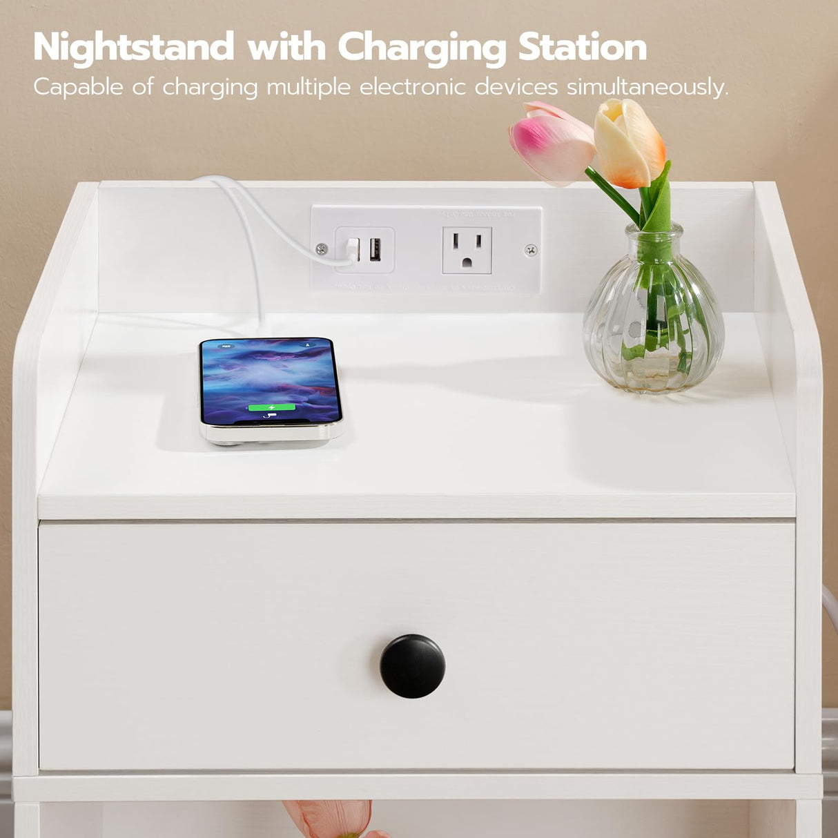 HOOBRO Nightstand with Charging Station, End Table with Drawer and Opening Shelf, Side Table with USB Ports and Outlets, Bedside Table for Bedroom, Small Night Stand Simple Style, White WT18UBZ01 HOOBRO
