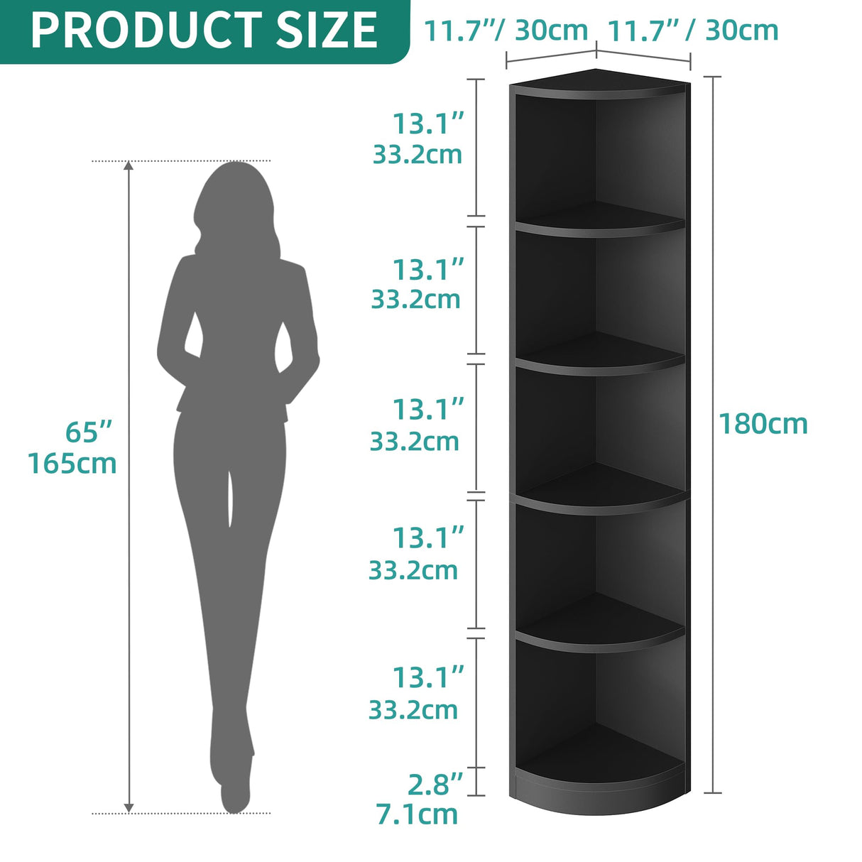 YITAHOME 5-Tier Black Corner Bookshelf - Modern Free Standing Display Bookcase YITAHOME