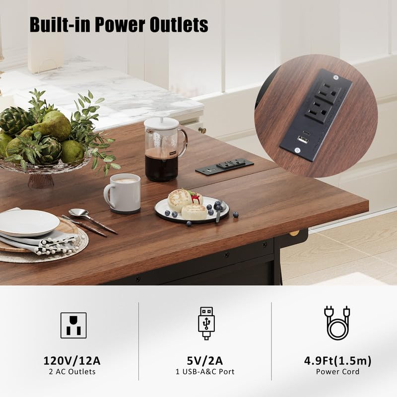 46.5'' Farmhouse Kitchen Island with Drape of Beads, Power Outlet, Rolling Kitchen Cart on Wheels with Drop Leaf, 3 Doors , 3 Drawers and Internal Iron Shelf, for Kitchen, Dining Room, Black HomeGearTech