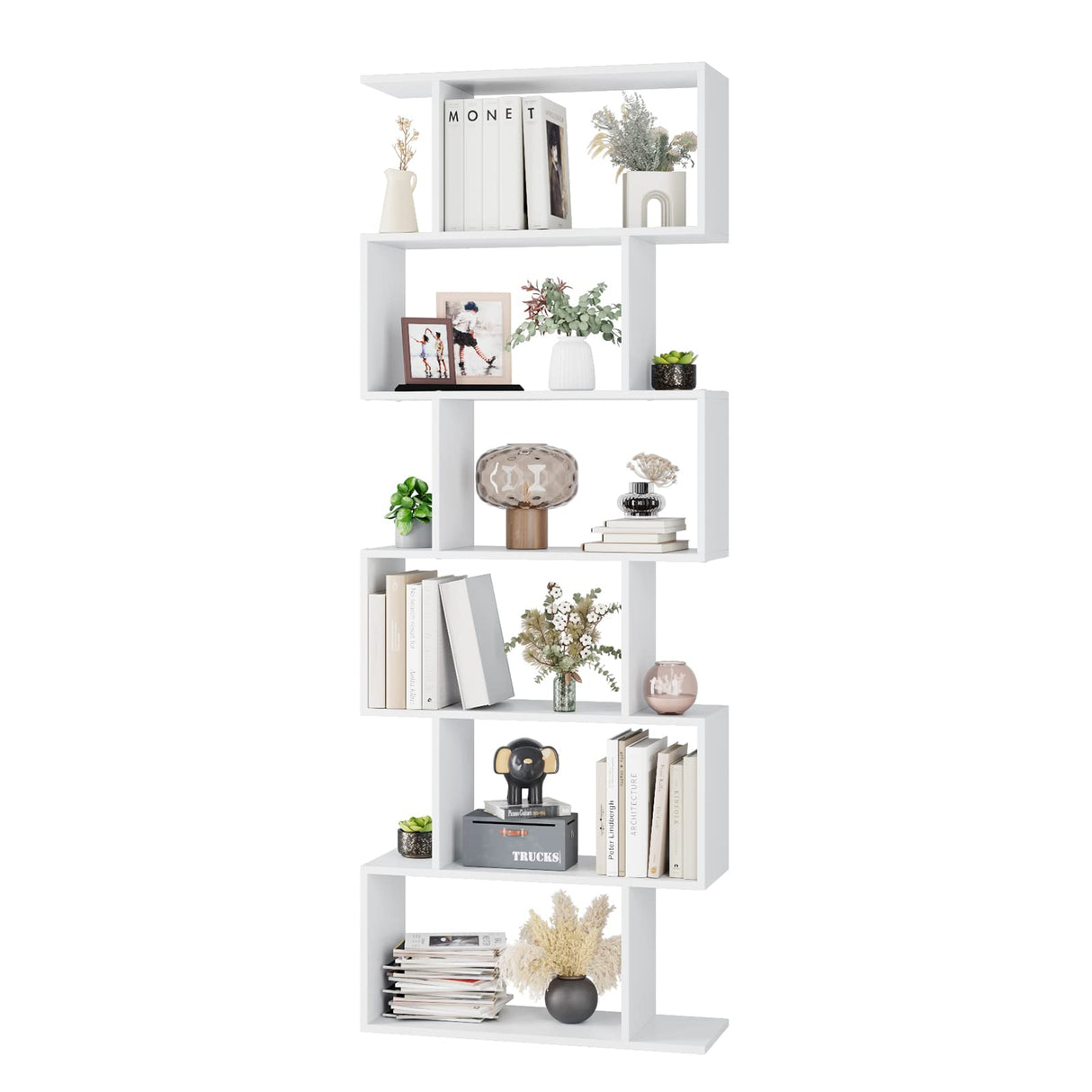FOTOSOK S-Shaped 6-Tier White Bookcase - Modern Freestanding Display Shelf for Any Room FOTOSOK