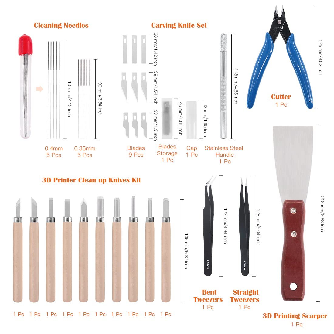 Rustark 34 Piece 3D Printer Accessories Tool Kit Cleaning Needles, Tweezers, Pliers, Scarper, Clean up Knives, Carving Knife Come with Storage Case for Printing Removing, Cleaning, Finishing Rustark