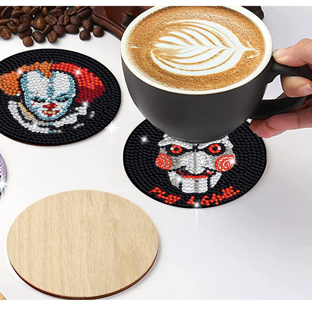 6 PCS Diamond Painting Coasters Kits with Holder Horror Halloween, DIY Funny Jack Skull Diamond Art Coaster Sets for Beginners Adults and Kids Art Craft Supplies Holiday Gift Bysincy