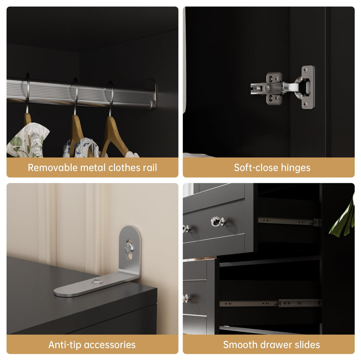 VOWNER Armoire Wardrobe Closet with Drawers and Mirror, 71" Clothing Storage Cabinet with Hanging Rod, 2 Doors Wooden Wardrobe Cabinet for Bedroom, Large Capacity Storage,Black VOWNER