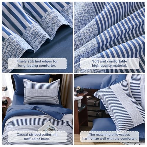Cottolester Twin Size Comforter Navy Blue Striped Comforters for Boys&Girls,7 Pieces Bed in A Bag Simple Neutral-Style Bedding Sets for Kids Teen Cottolester