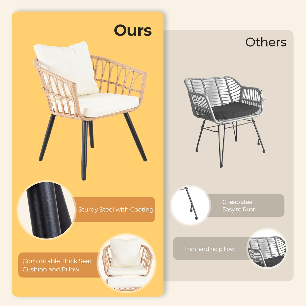 PORWEY 5 Piece Patio Bistro Set with Ottoman, Outdoor Wicker Apartment Balcony Furniture Sets, Rattan Table and Chairs Set of 2 for Porch Backyard Deck, Yellow,Beige PORWEY