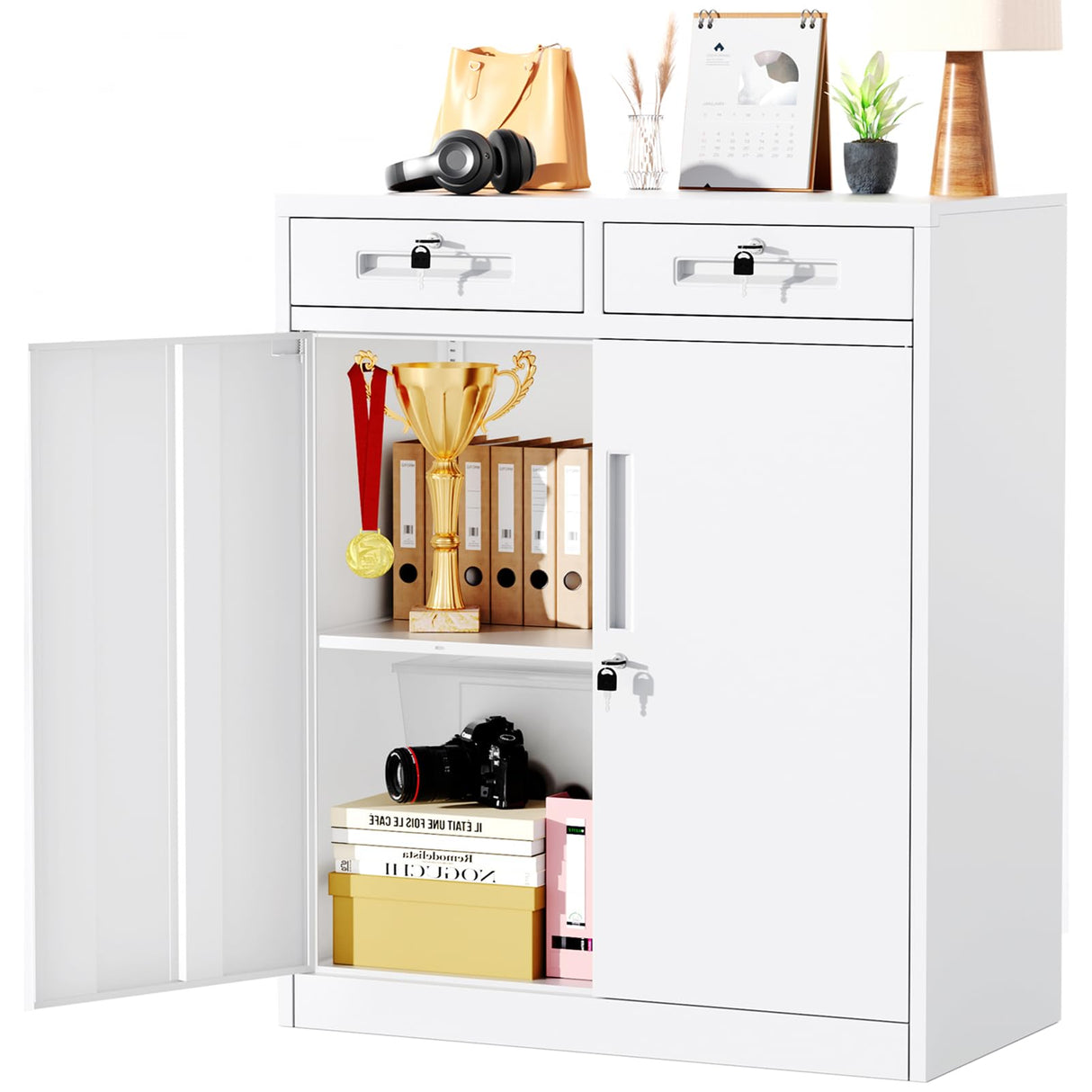 Greenvelly Lockable Metal Storage Cabinet with 2 Drawers - 36" White Steel Cabinet with Adjustable Shelves for Home, Office, Garage, and More Greenvelly