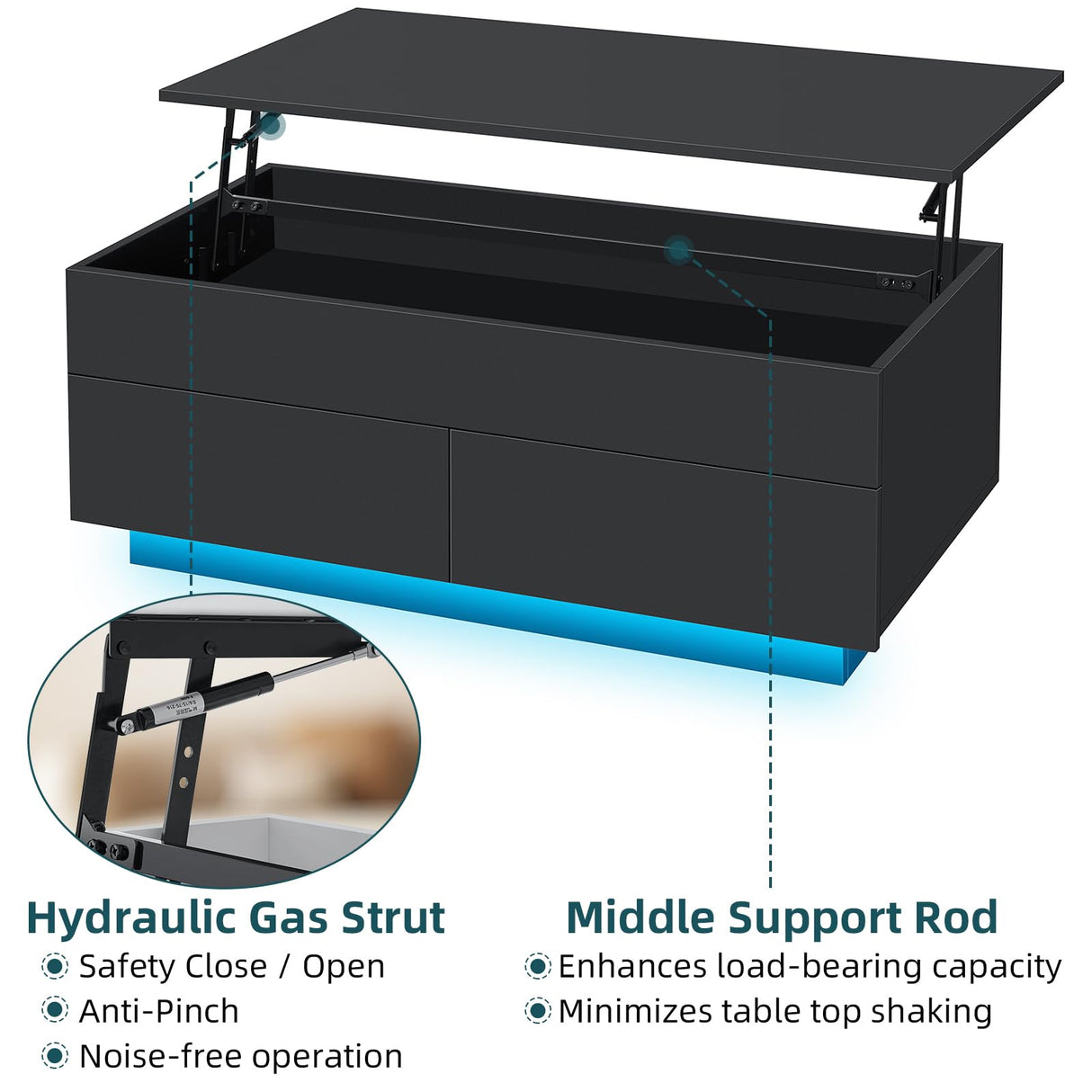 HOMMPA Lift Top Coffee Table with LED Light Morden Coffee Table with Storage High Gloss Black Coffee Table for Living Room Tea Table with Storage Center Tables Hidden Compartment & 2 Drawers HOMMPA
