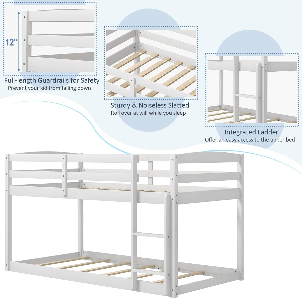 Majnesvon Twin Low Bunk Bed Frame with Slide & Ladder - Solid Wood Design for Kids in White Majnesvon