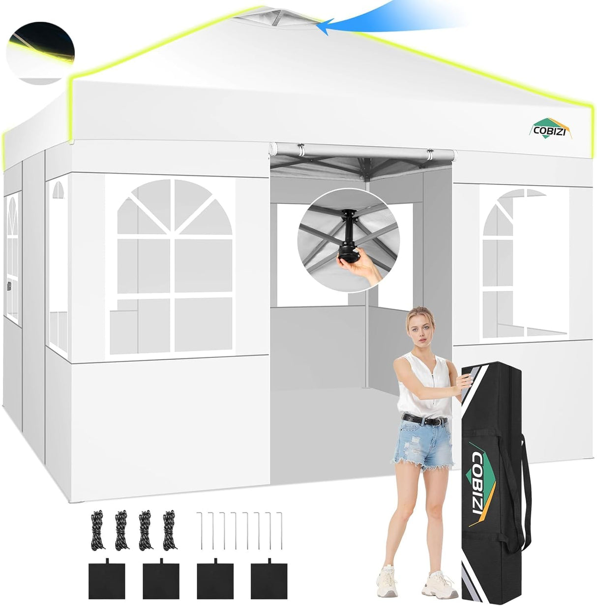 COBIZI 10x10 Pop Up Canopy Tent, One Push Setup Glow Outdoor Tent with 4 Sidewalls, 3 Adjustable Height, Air Vent,Waterproof UPF50+, Bag, Sandbag, Stake, Rope for Wedding, Commercial, Party, White COBIZI