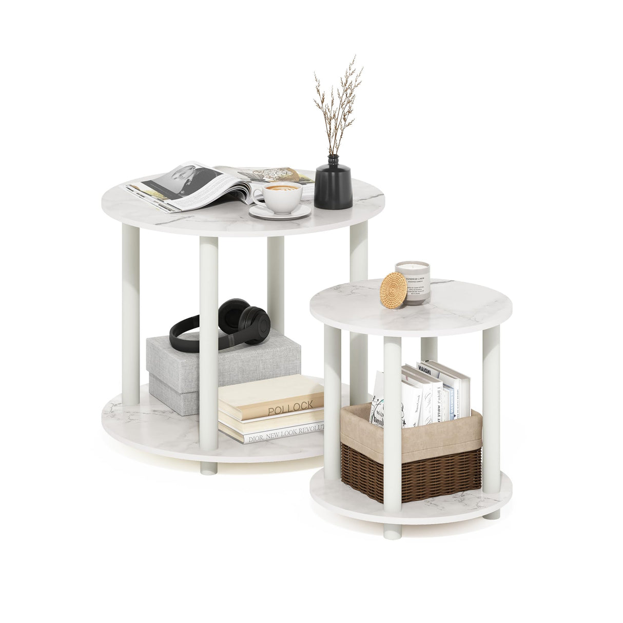 Furinno Turn-N-Tube Simple Design 2-Tier Round Wooden Small Coffee Table, Marble White Furinno