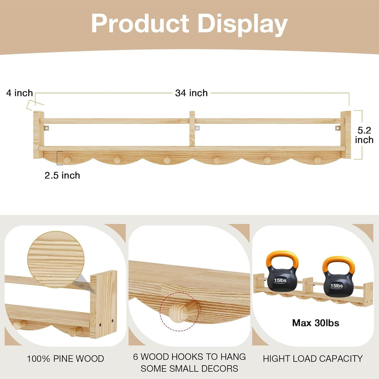 ECOOCE 34Inch Nursery Bookshelves,Set of 4,Wall Floating Shelf Kids Coat Rack with 6Hooks,Hanging Book Shelf for Baby Nursery Room Décor, Patent Number: 29958098(Burlywood, 34) ECOOCE