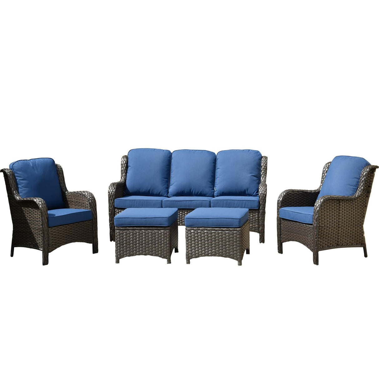 ovios Patio Furniture Set, 5 Piece Outdoor Wicker High Back Sofa with Comfy Cushions Ottomans, All Weather Conversation Set, Brown Rattan Navy Blue ovios