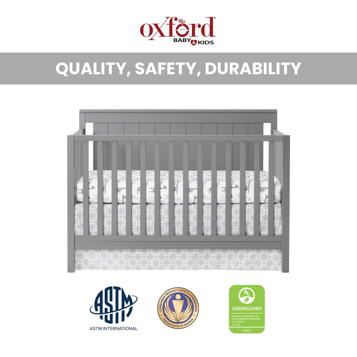 Oxford Baby Lazio 4-in-1 Convertible Crib, Dove Gray, GreenGuard Gold Certified Oxford Baby