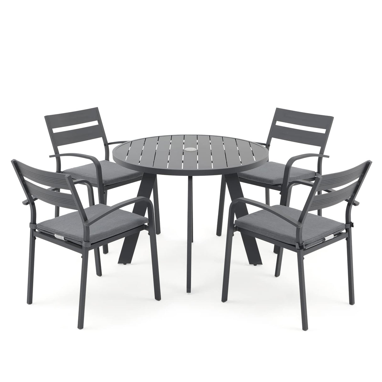 Soleil Jardin 5 Piece Outdoor Dining Set, Aluminum Patio Furniture Dining Set with Round Dining Table w/Umbrella Hole and 4 Stackable Chairs w/Cushions for Yard, Garden, Porch and Pool, Dark Gray Soleil Jardin