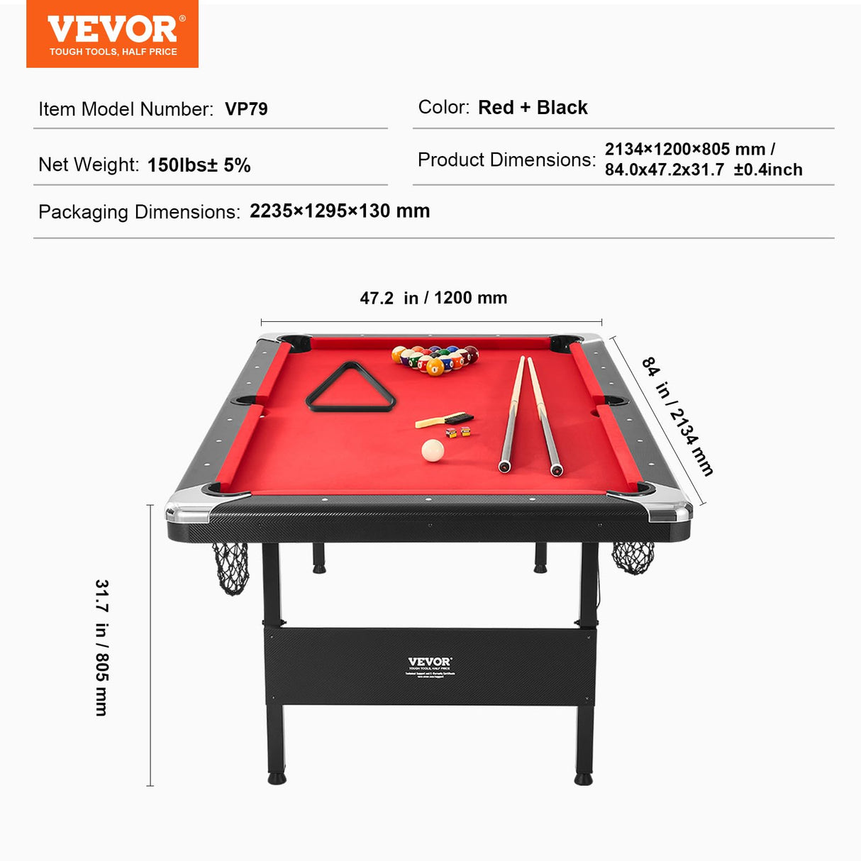 VEVOR Billiards Table, 7 ft Pool Table, Portable Foldable Space-Saving Table, Billiard Table Set Includes Balls, Cues, Chalks and Brush, Black with Red Cloth, Perfect for Family Game Room Kids Adults VEVOR