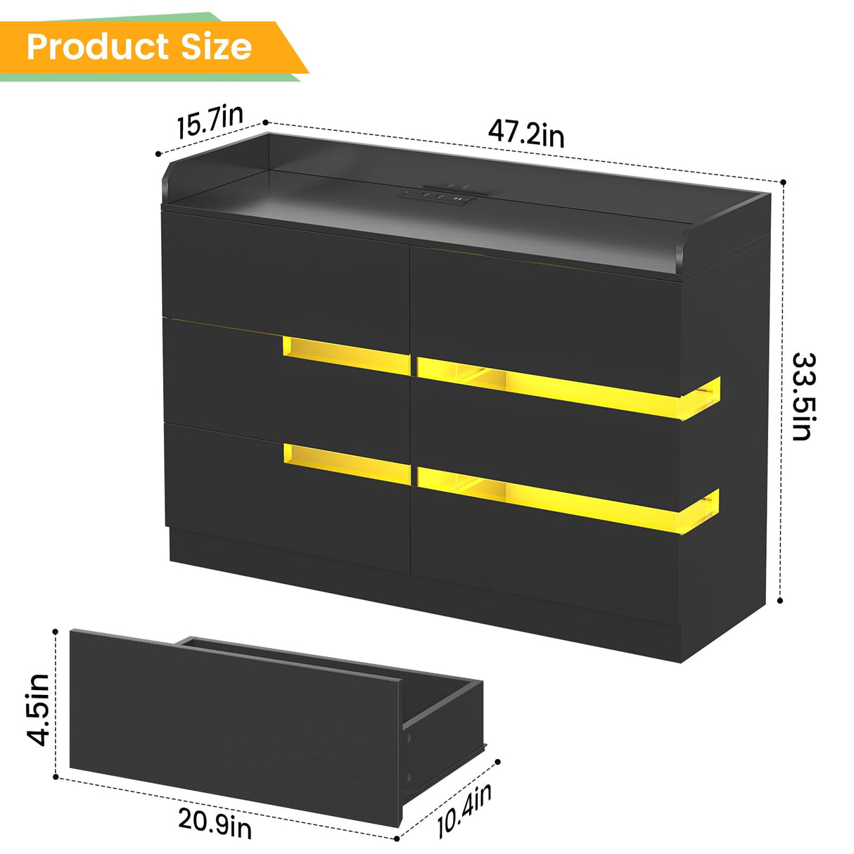 Frmobepts 6 Drawer Dresser with Charging Station and LED Light, Modern Wide Chest of Drawers for Bedroom or Living Room, 47.2" D x 15.7" W x 33.5" H, Black Frmobepts